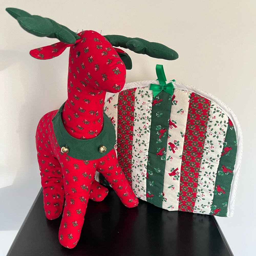 Festive Grandma-core Handmade Reindeer Plush and Teapot Cozy
